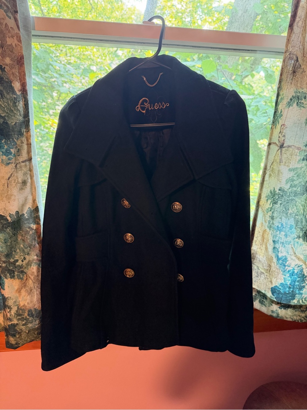 Guess Women's Black Double-Breasted Pea Coat with Decorative Buttons